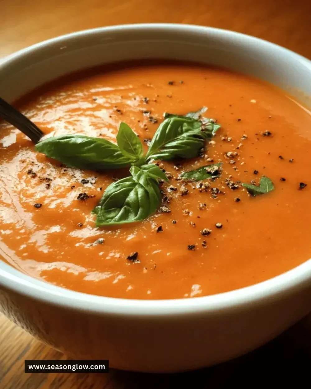 Bowl of rich and creamy tomato soup garnished with fresh basil leaves
