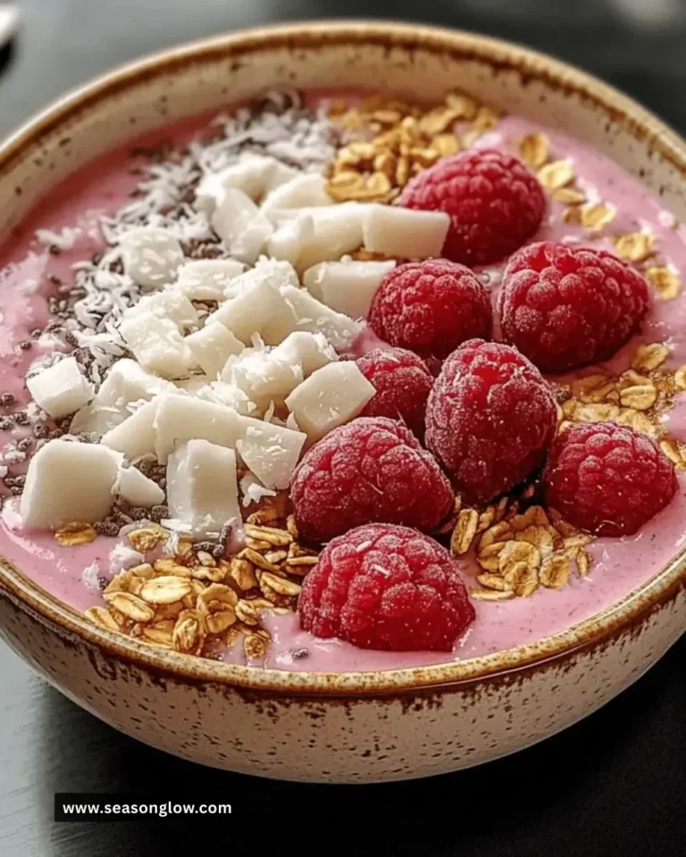 Delicious raspberry coconut smoothie bowl topped with fresh fruits and coconut flakes