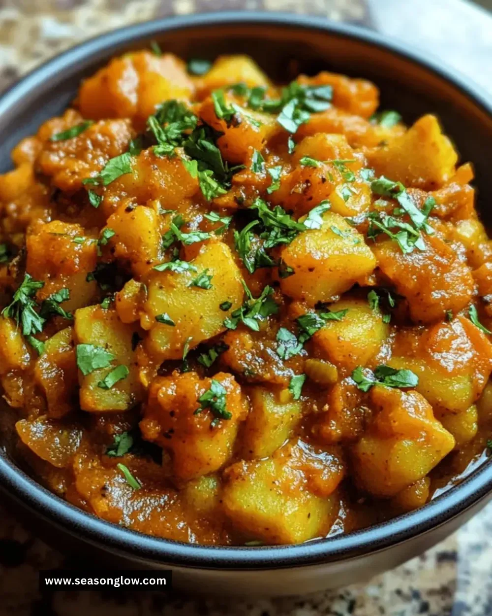 Slow cooker potato and cauliflower dish garnished with herbs in a bowl