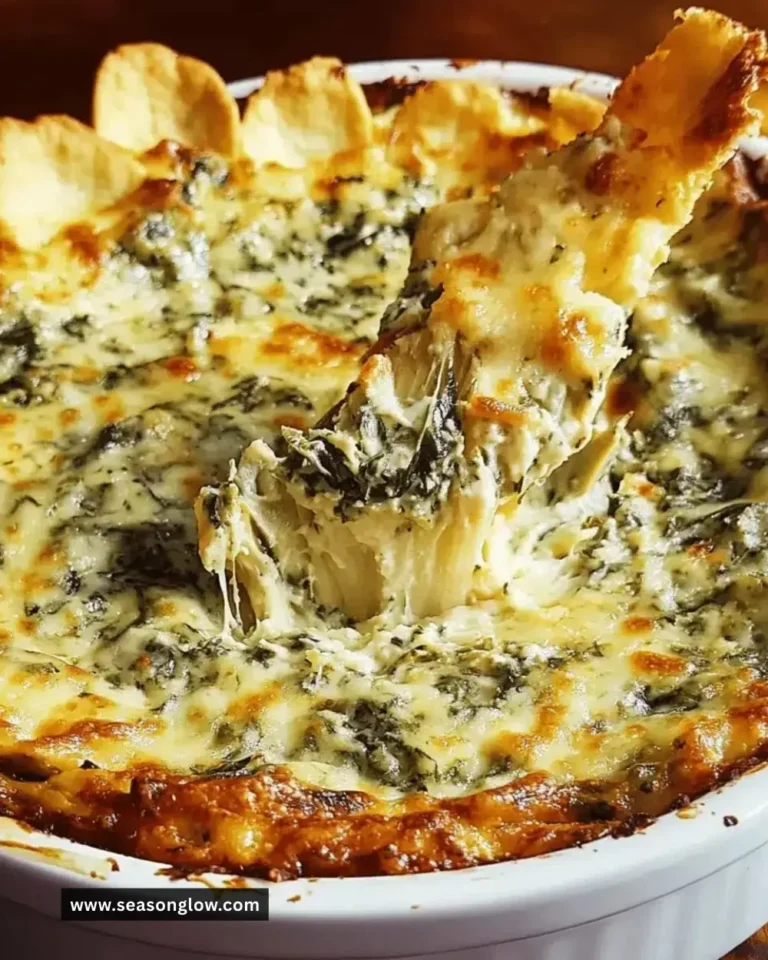 Cheesy spinach artichoke dip served in a bowl with tortilla chips