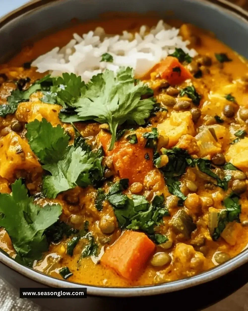 Creamy coconut lentil vegetarian stew in a bowl with herbs and spices.