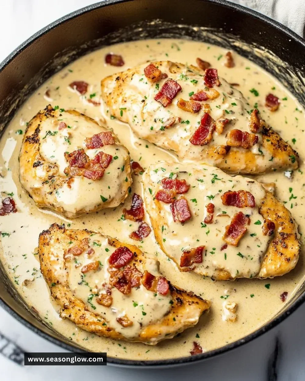 Delicious creamy turkey bacon chicken dish served on a plate