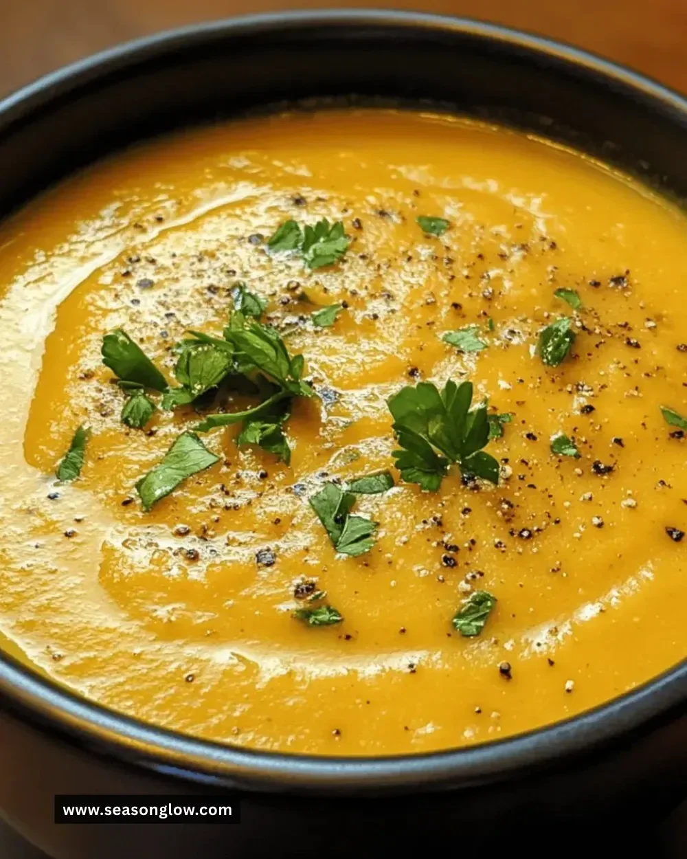 Bowl of easy creamy butternut squash soup garnished with herbs