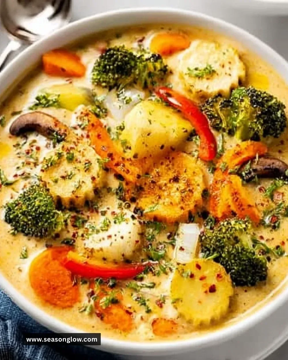 Bowl of easy creamy vegetable soup topped with fresh herbs and bread
