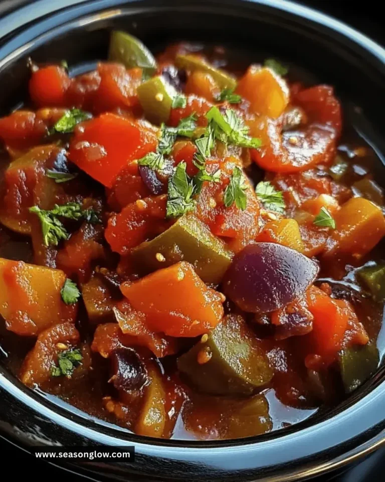 Bowl of easy crockpot ratatouille with colorful vegetables and herbs