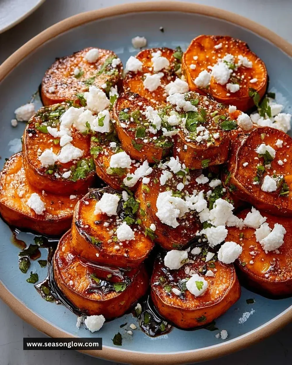 Easy honey feta sweet potato rounds on a serving platter