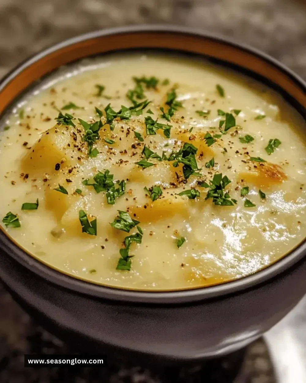 Delicious Easy Instant Pot Potato Soup served in a bowl with herbs