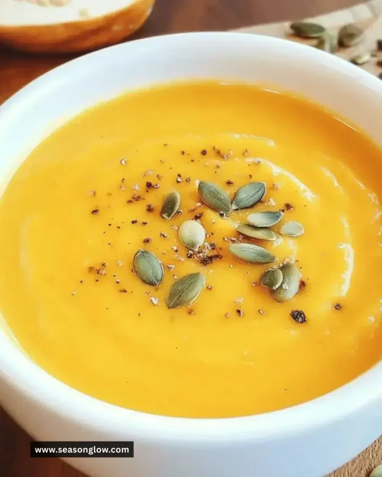 Bowl of easy Panera Autumn Squash Soup garnished with pumpkin seeds
