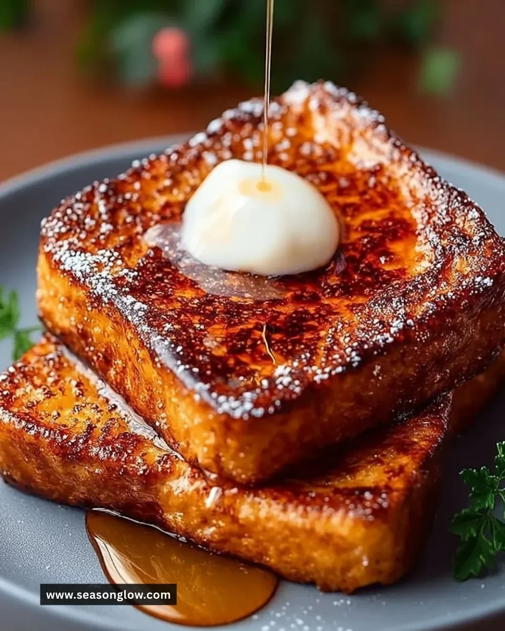 Delicious easy pumpkin French toast topped with syrup and whipped cream