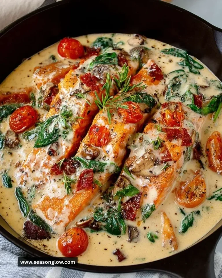 Plate of Easy Tuscan Salmon with Creamy Sauce garnished with herbs