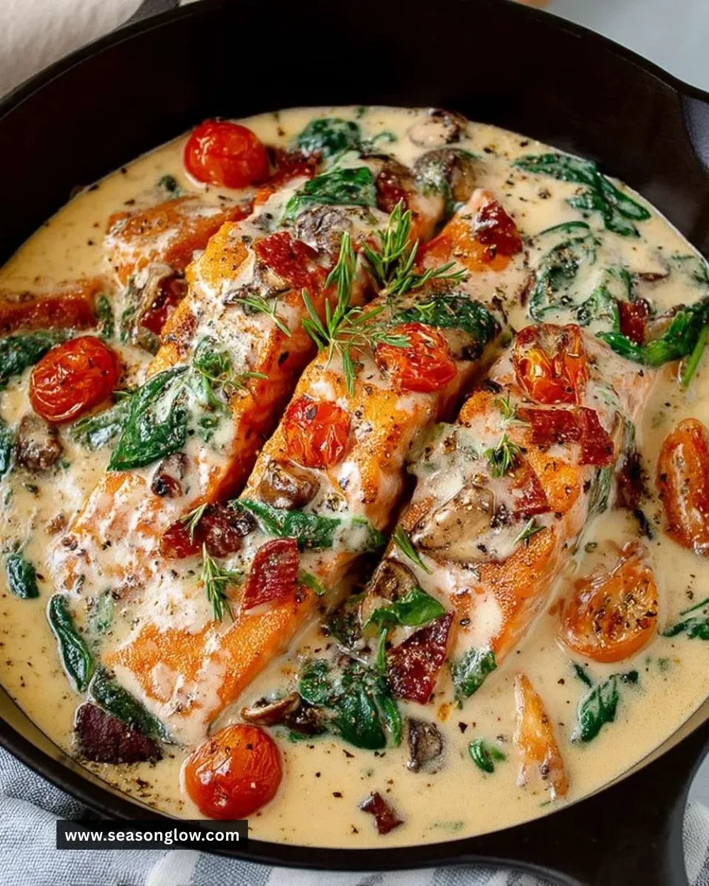 Plate of Easy Tuscan Salmon with Creamy Sauce garnished with herbs