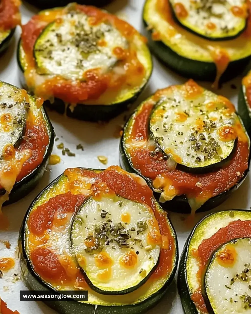 Plate of easy zucchini pizza bites topped with cheese and fresh herbs.