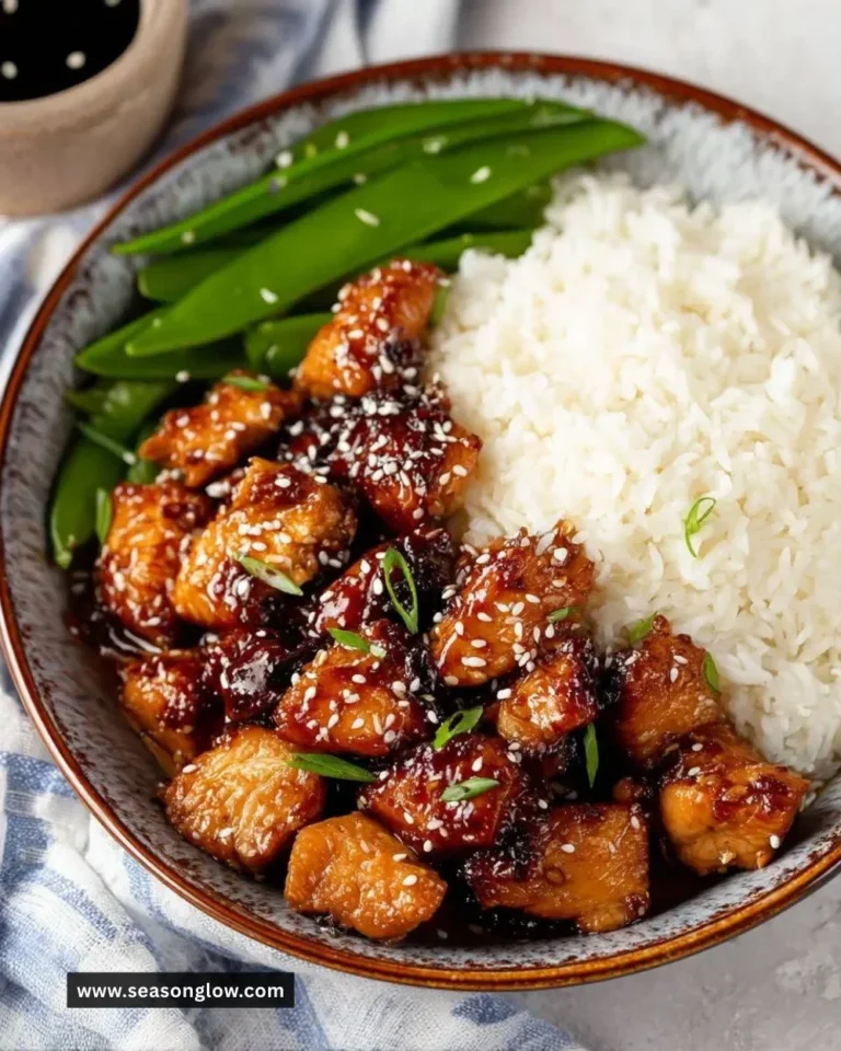 Plate of healthy sesame chicken with vegetables and sesame seeds