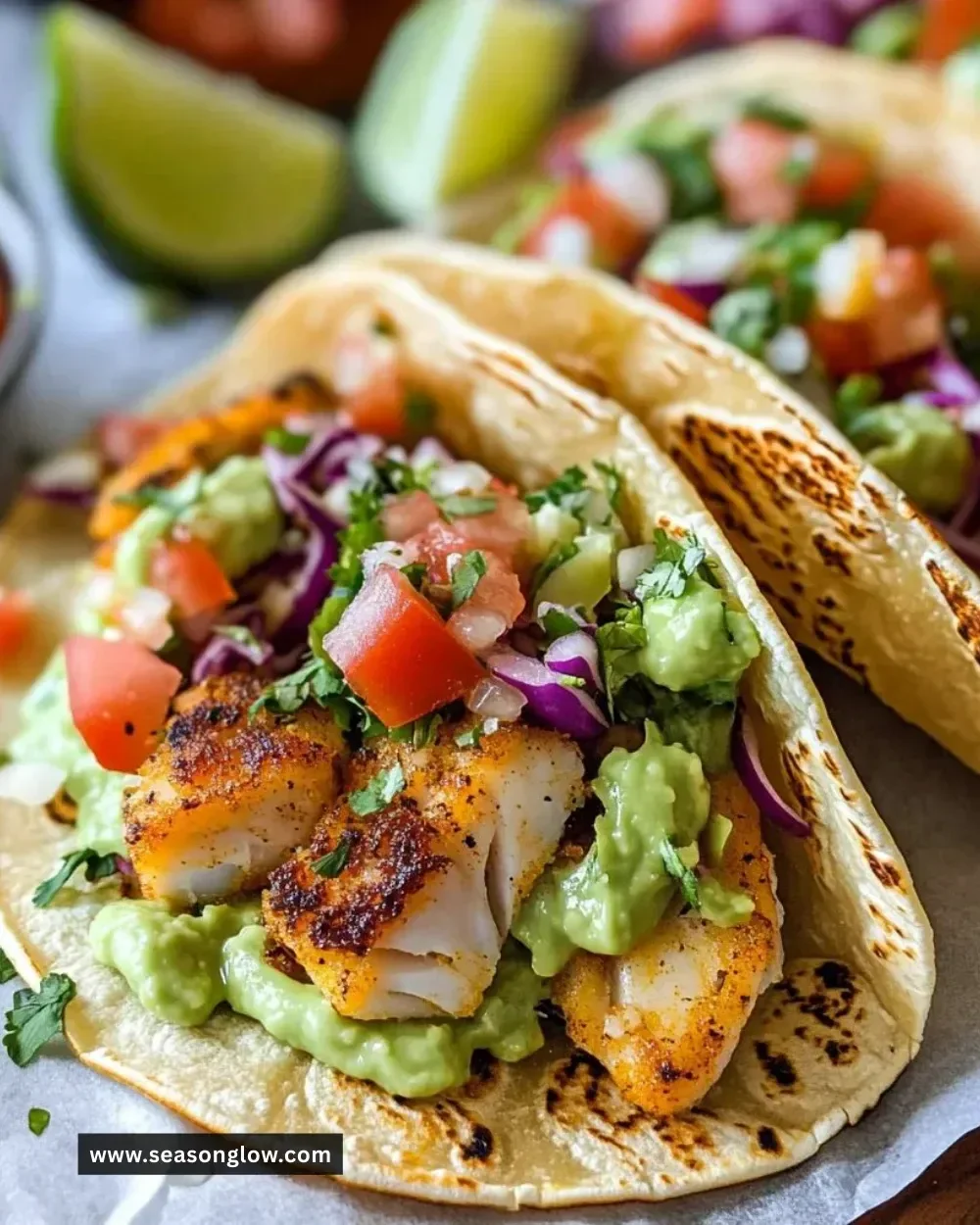 A plate of low fish tacos garnished with fresh ingredients and lime.