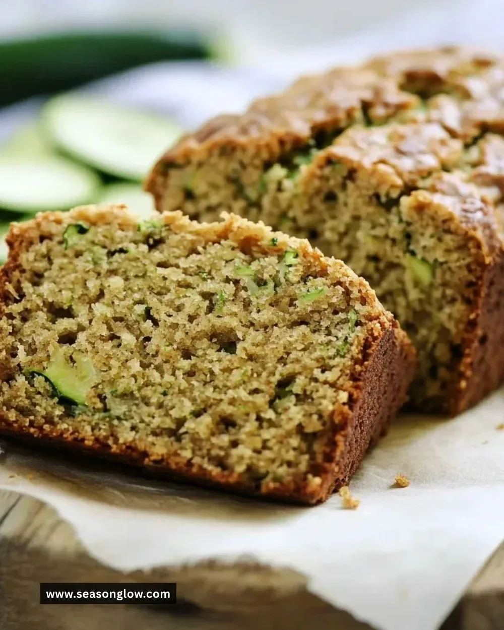 Slice of low sugar zucchini bread on a wooden cutting board