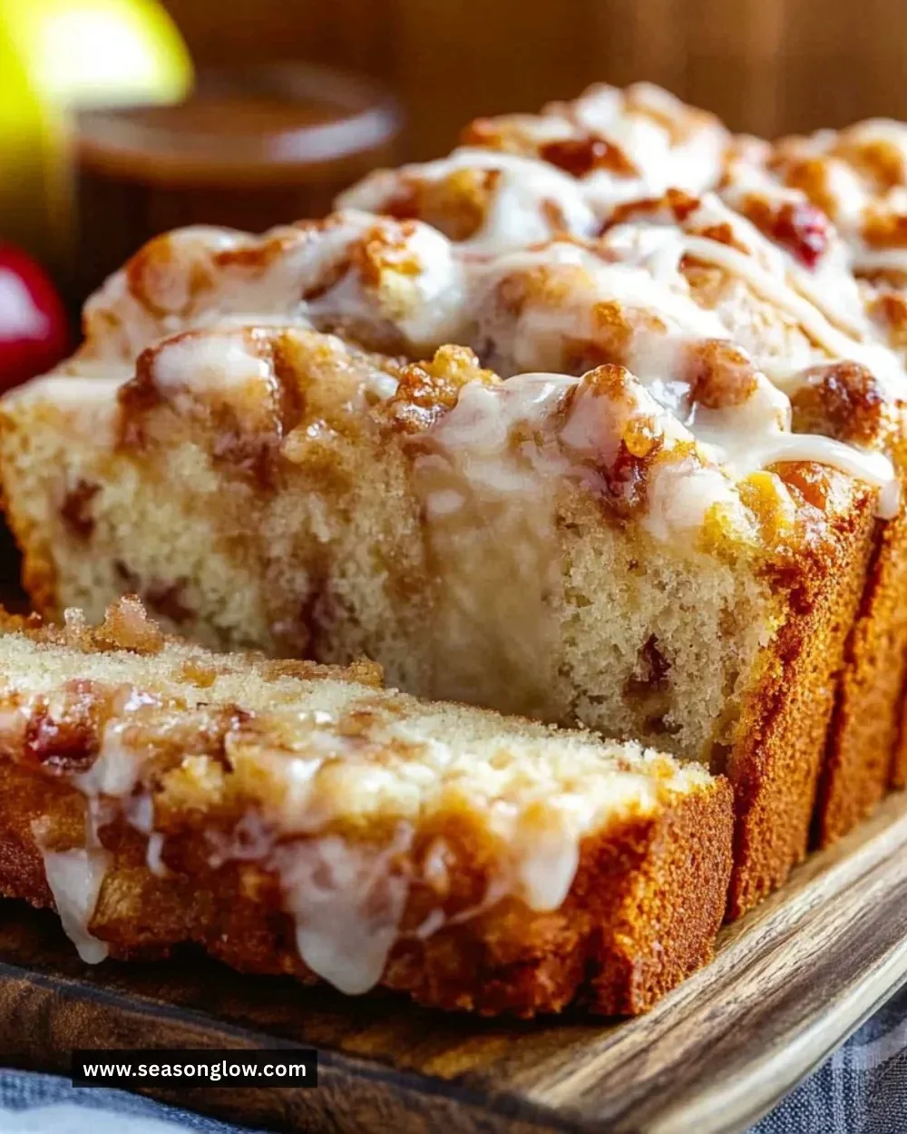 Loaf of homemade Amish apple fritter bread with cinnamon and apples
