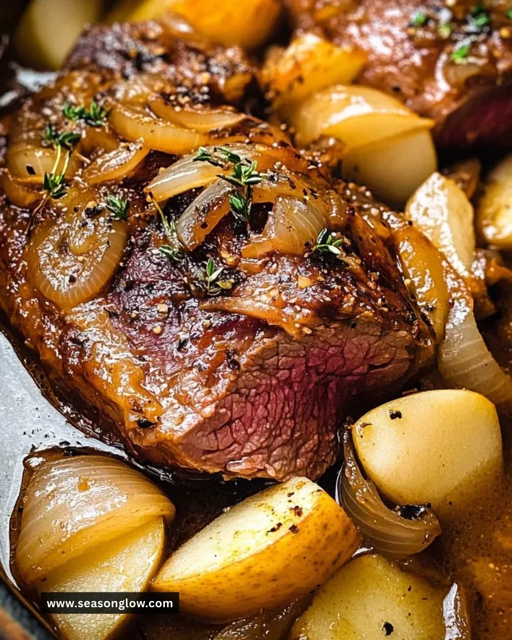Delicious apple cider braised beef shoulder in a rustic dish