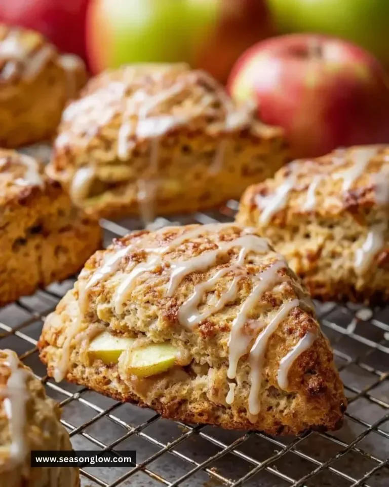 Freshly baked apple scones drizzled with maple glaze on a wooden table