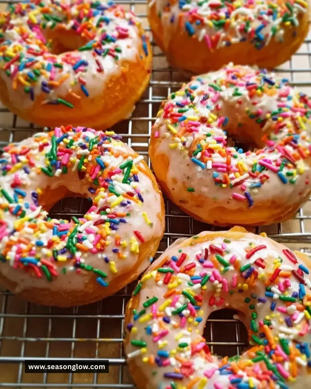 Baked Funfetti donuts topped with colorful sprinkles on a plate.