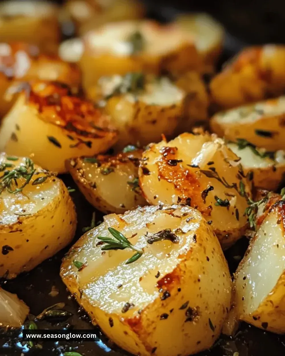 Delicious roasted garlic herb potatoes garnished with fresh herbs