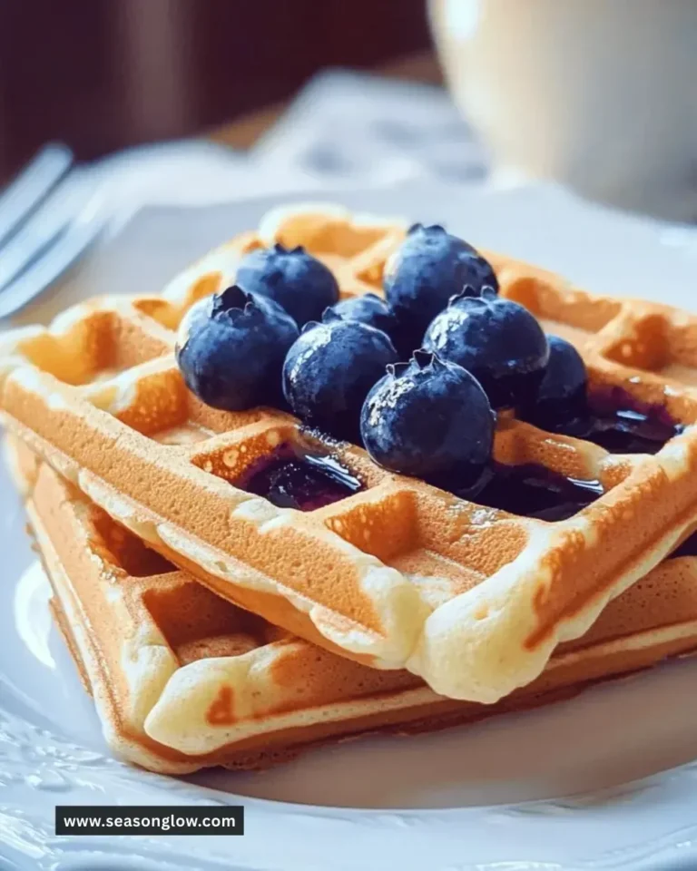 Delicious whole grain blueberry waffles topped with fresh blueberries and syrup
