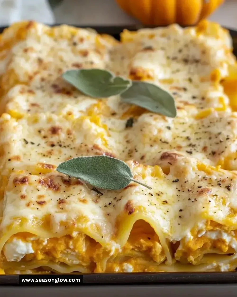 Butternut squash lasagna roll ups with ricotta cheese on a plate ready to serve