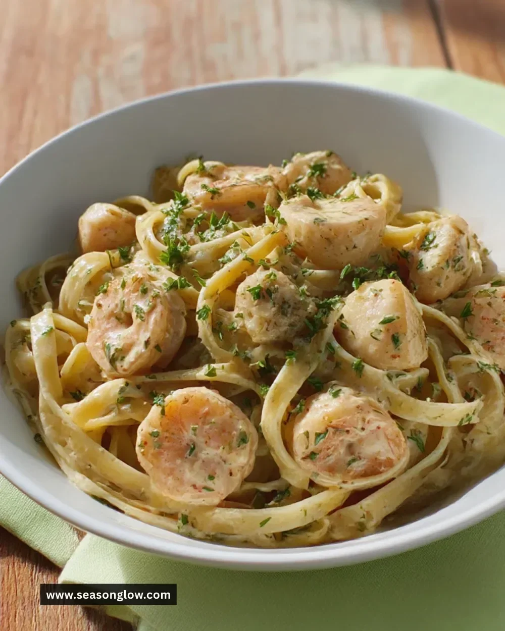 Bowl of Cajun Seafood Pasta with shrimp, crab, and spices