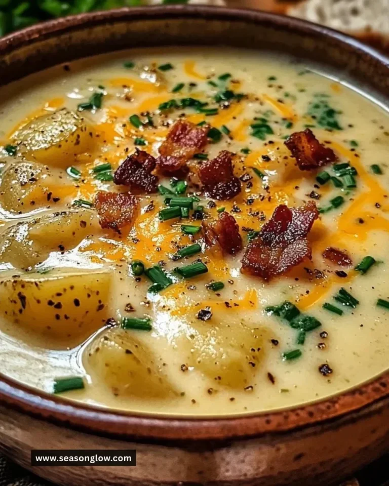 Delicious Cheddar Garlic Herb Potato Soup garnished with fresh herbs