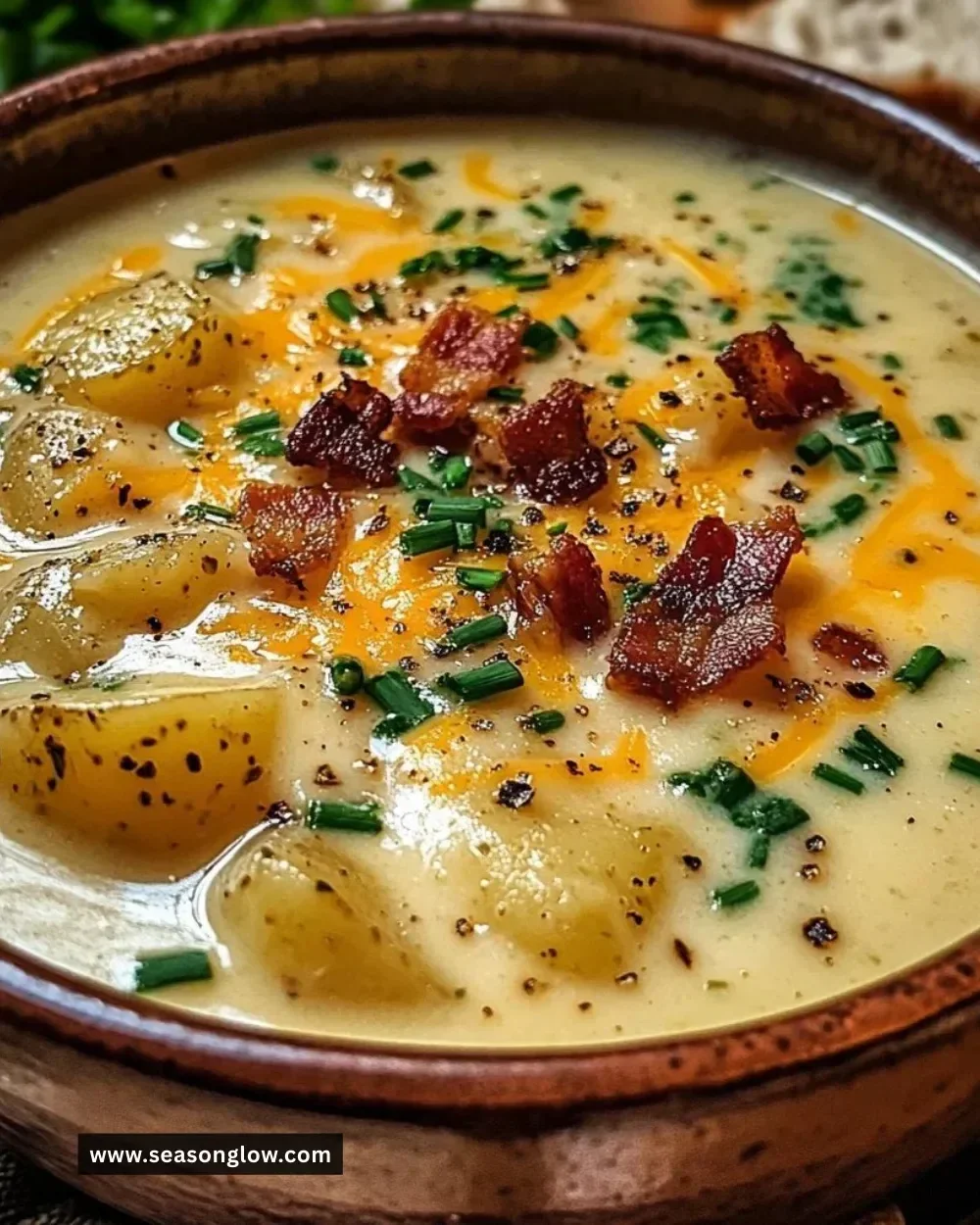 Delicious Cheddar Garlic Herb Potato Soup garnished with fresh herbs