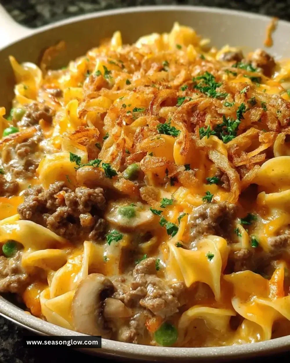 Cheesy Beef Noodle Casserole dish served in a baking dish