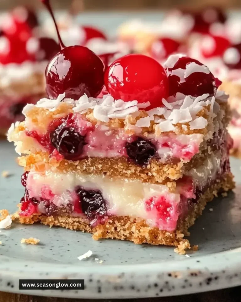 Deliciously chewy Cherry Coconut Magic Bars with cherry and coconut toppings