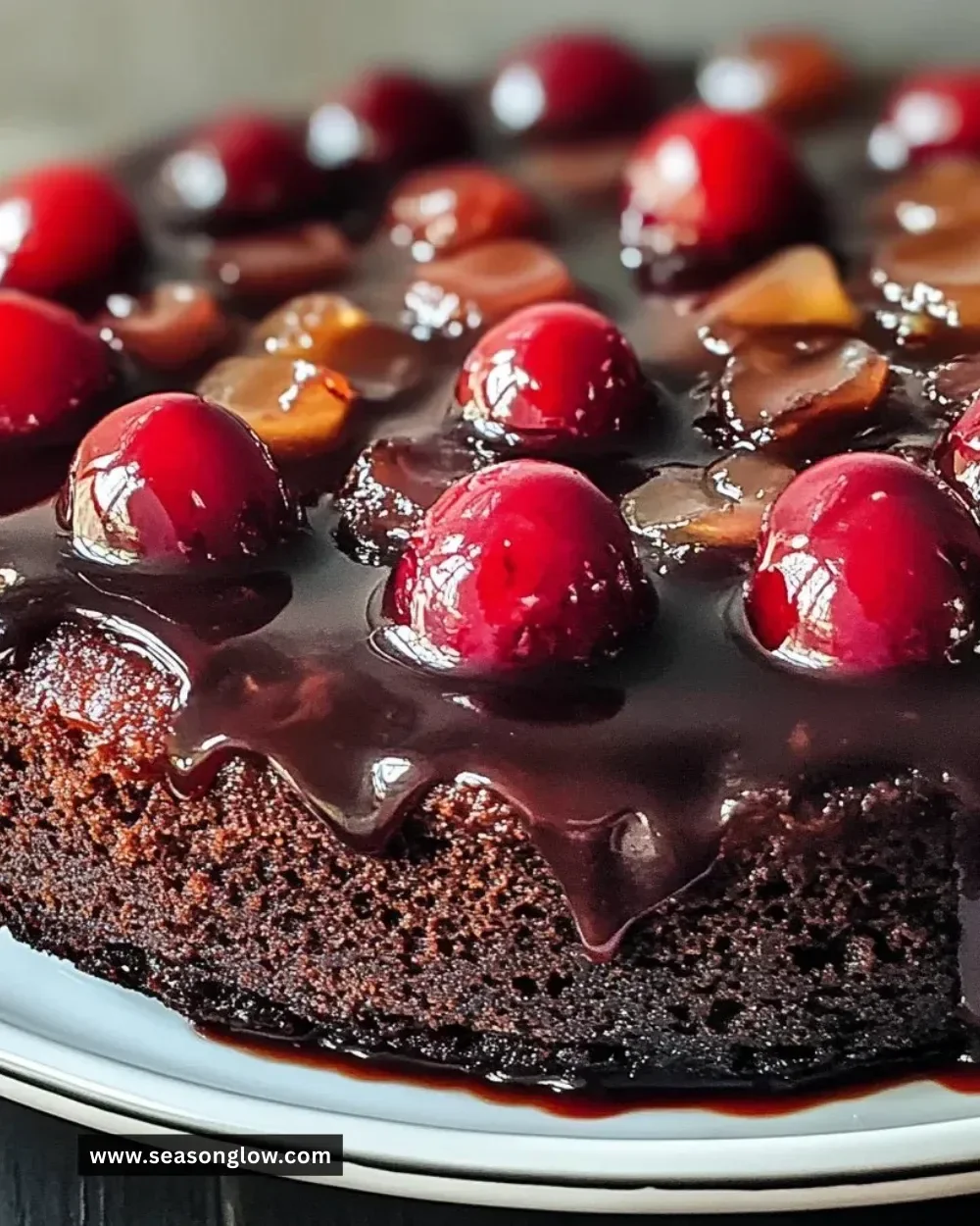 Chocolate Cherry Upside Down Cake with luscious cherries on top