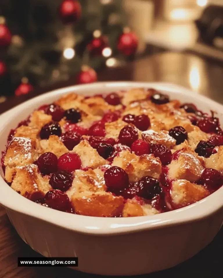 Delicious Christmas Cranberry Bread Pudding served in a festive setting.