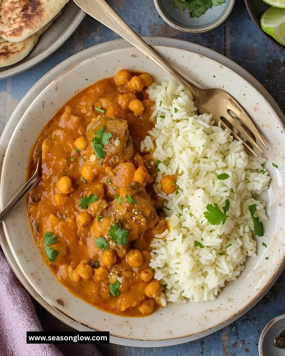 Delicious Coconut Lamb Curry served with chickpeas and garlic naan.