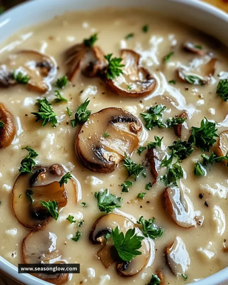 Bowl of Cottage Cheese Mushroom Soup garnished with herbs and spices