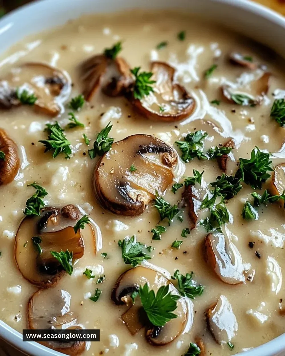Bowl of Cottage Cheese Mushroom Soup garnished with herbs and spices