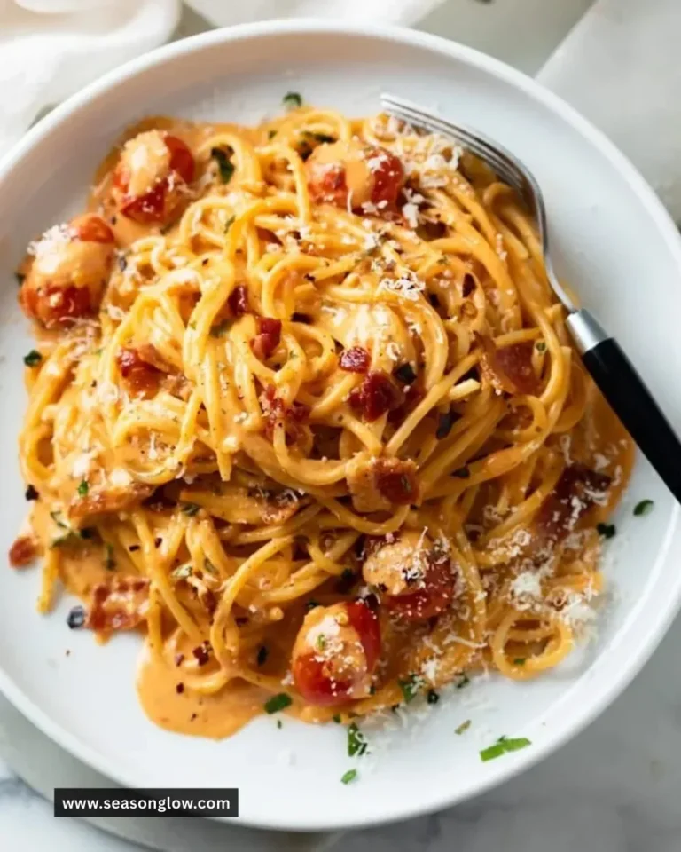 Creamy bacon pasta dish served in a bowl, garnished with herbs.