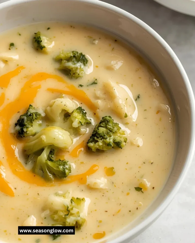 Bowl of creamy broccoli cheddar soup garnished with fresh herbs.