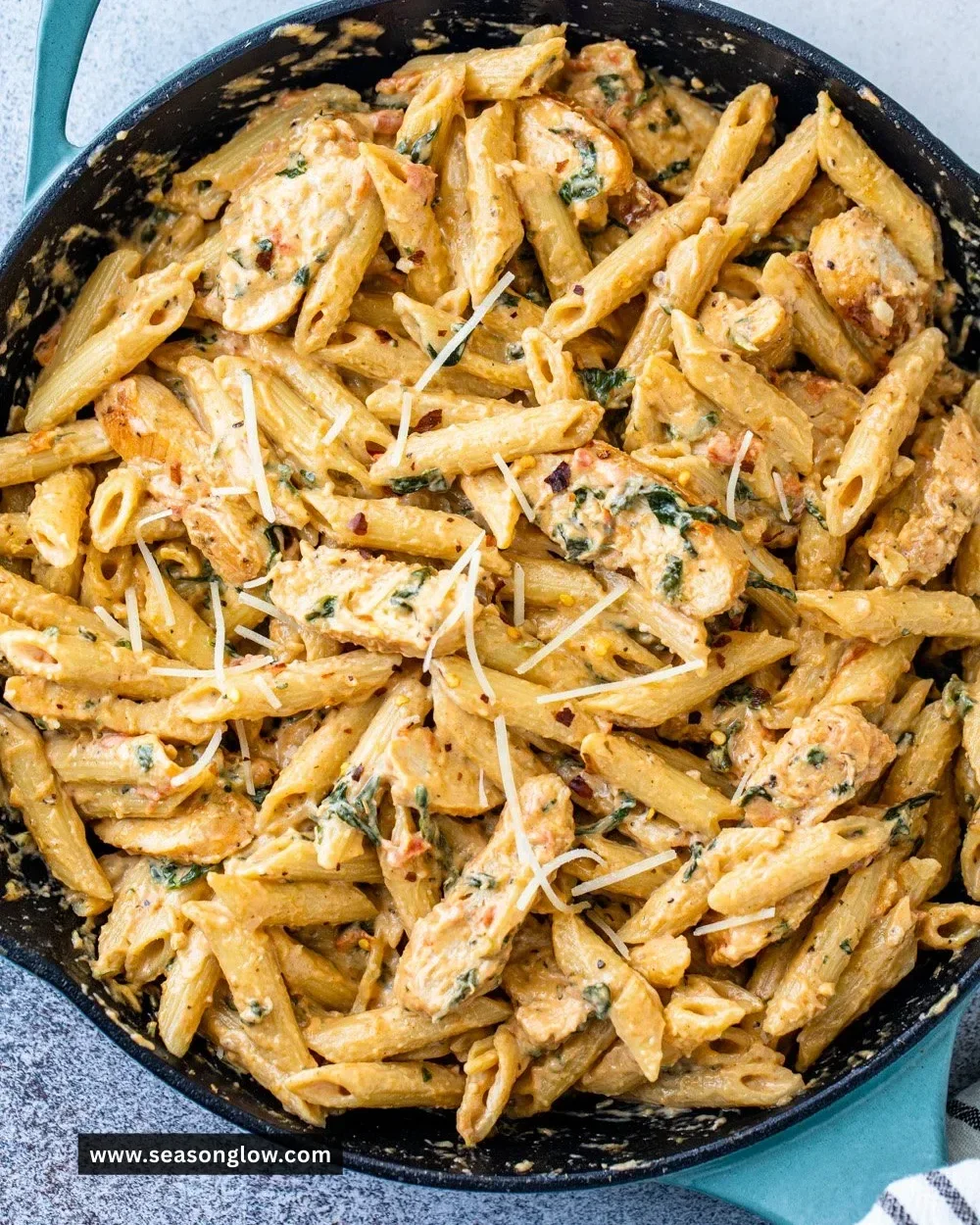 Creamy garlic chicken pasta dish with herbs and parmesan cheese