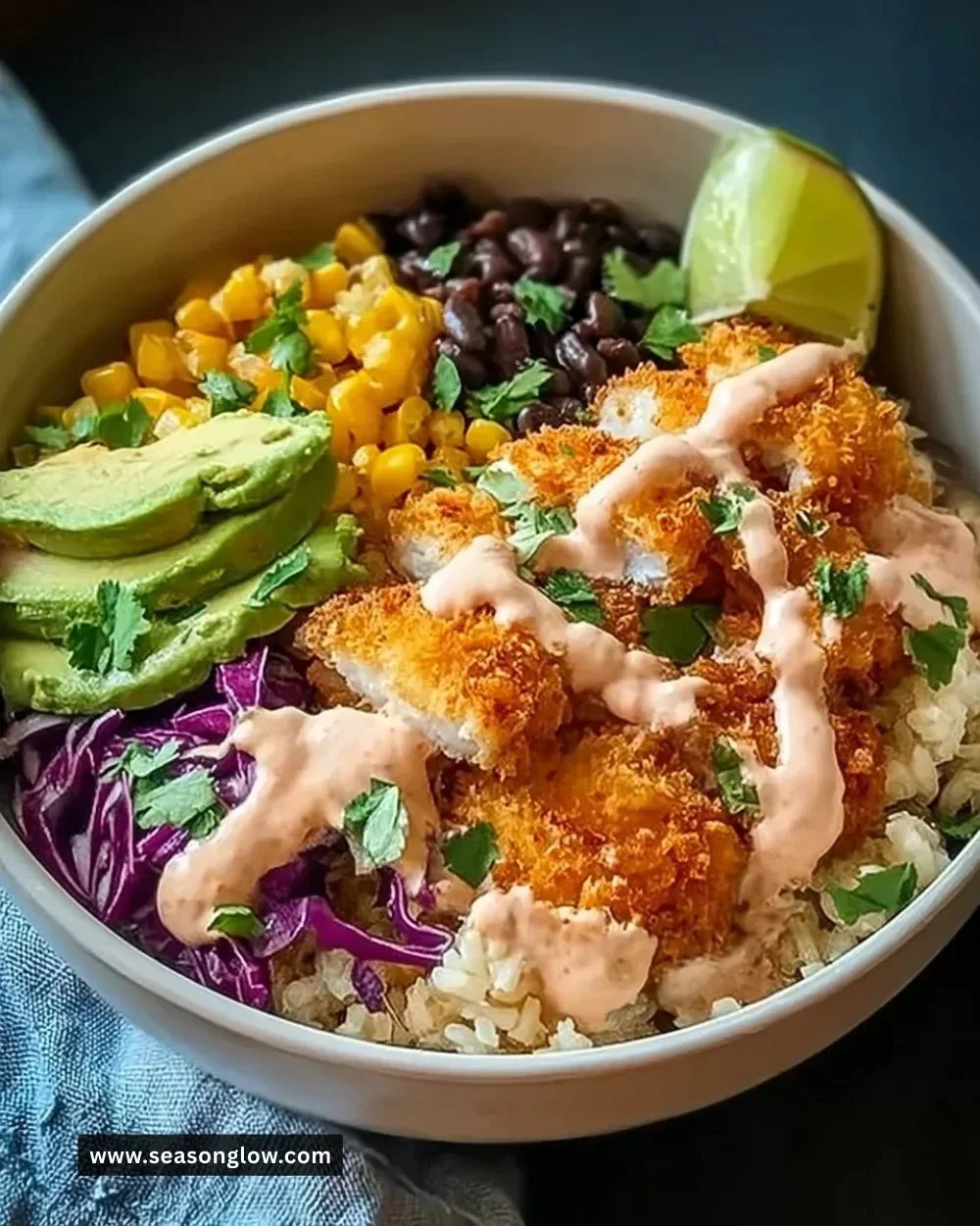 Delicious crispy fish taco bowls topped with fresh ingredients and sauces.