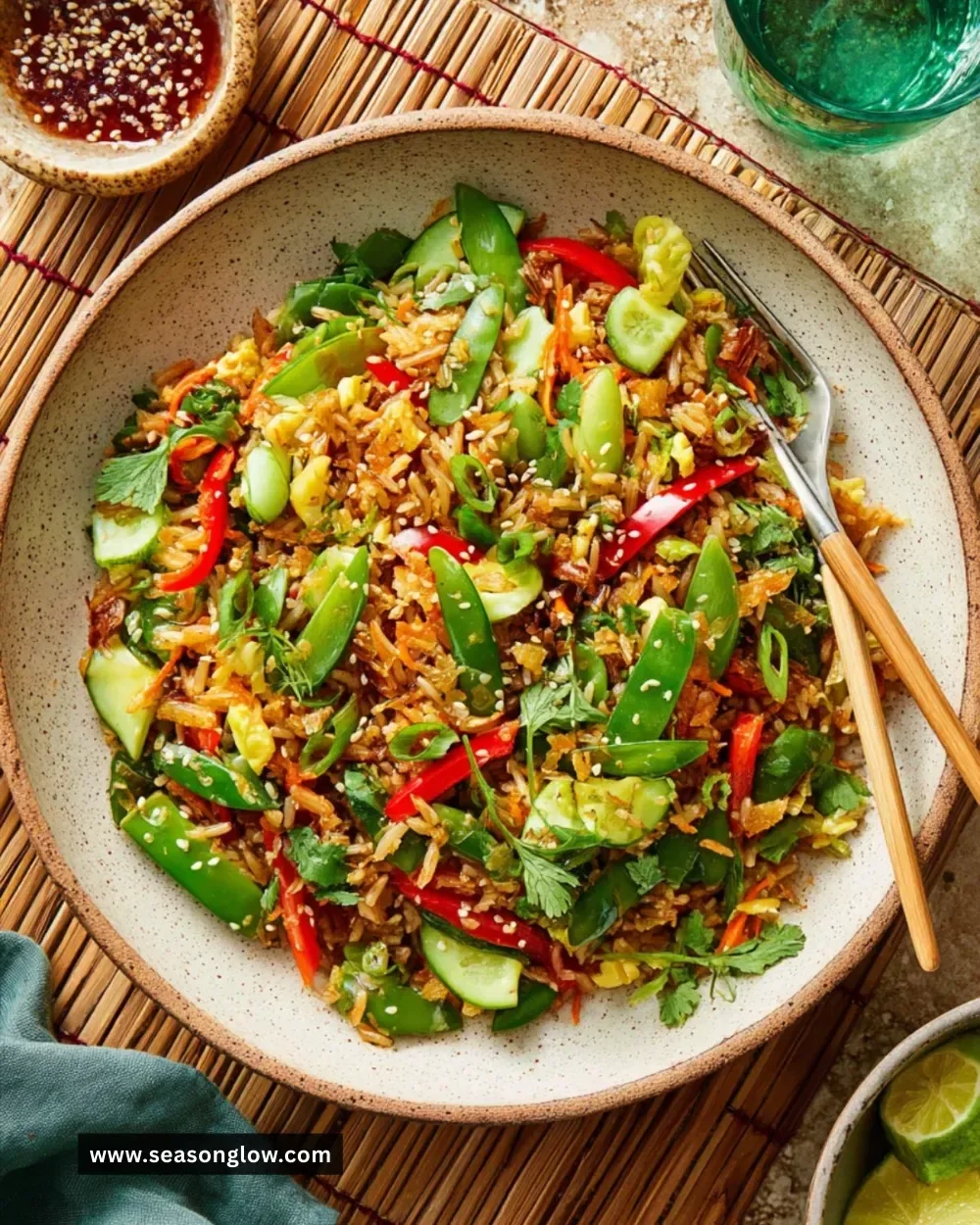 Freshly made crispy rice salad with colorful vegetables and herbs
