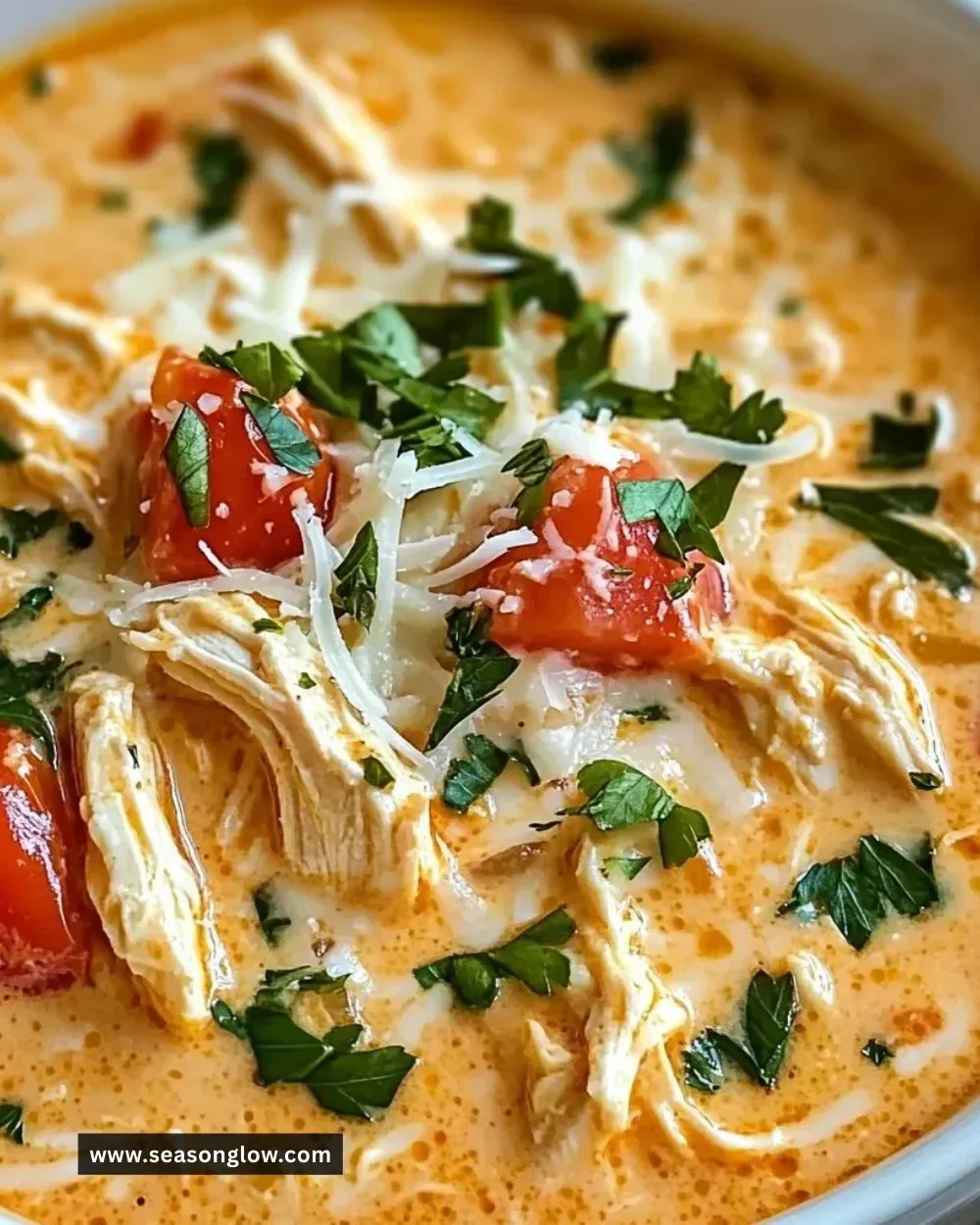 Bowl of Crock Pot Creamy Chicken Parmesan Soup with chicken and cheese toppings