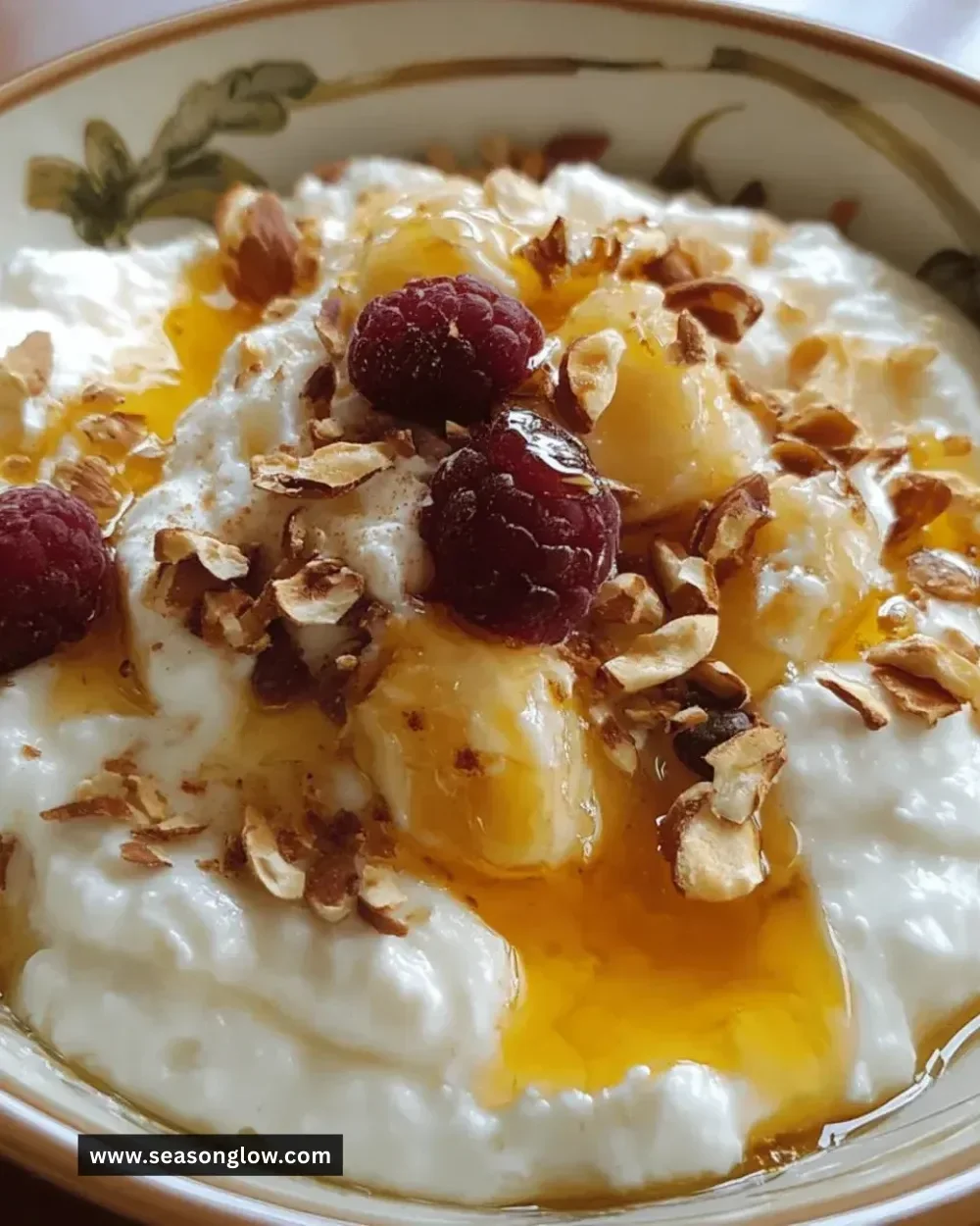 Delicious Easy Greek Yogurt Honey Bowl topped with fresh fruits and honey