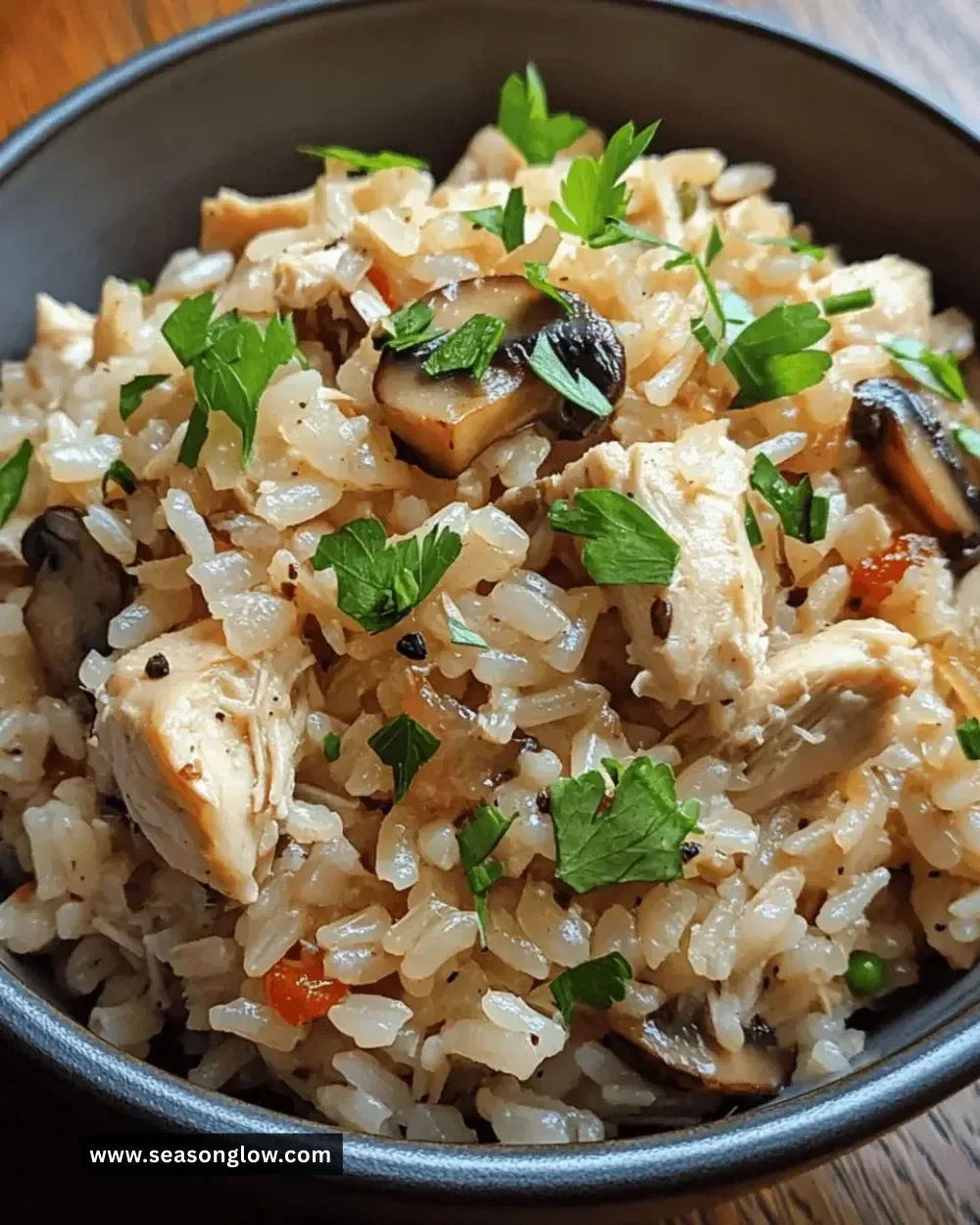 Instant Pot Chicken and Mushroom Rice dish ready to serve