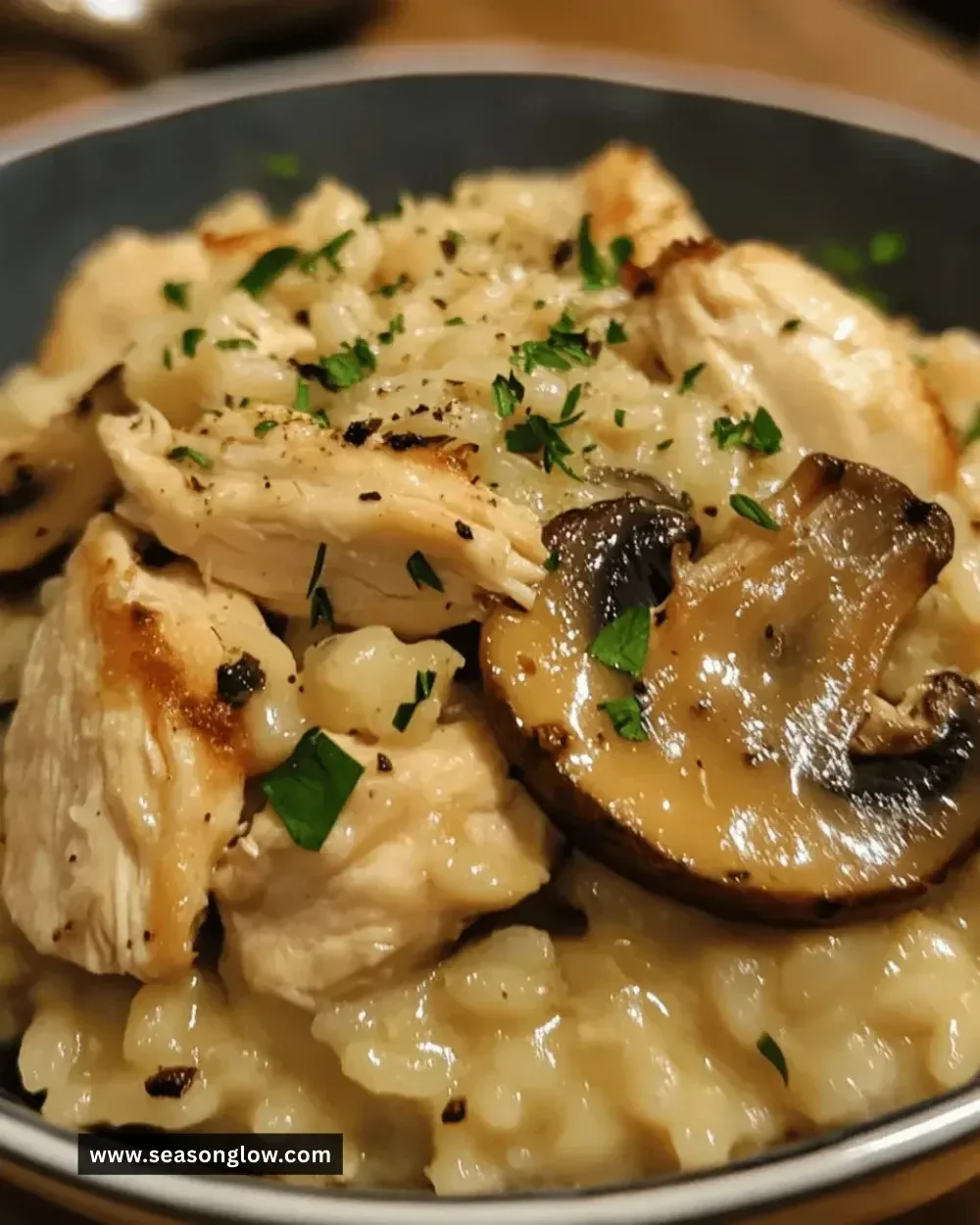 Instant Pot Chicken and Mushroom Risotto dish served with herbs