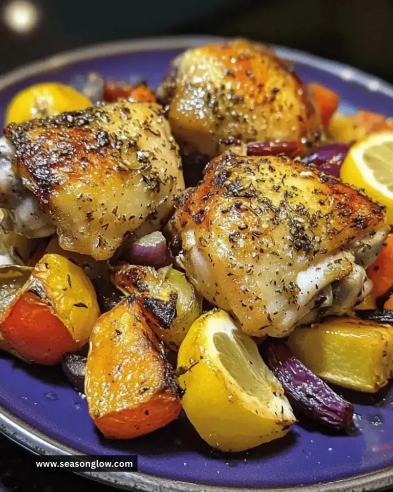 Plate of easy juicy lemon-garlic chicken thighs garnished with fresh herbs