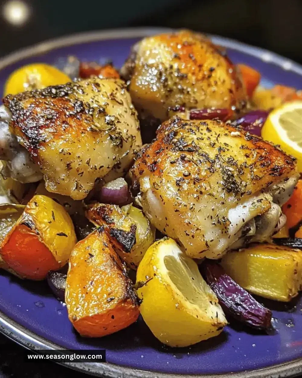 Plate of easy juicy lemon-garlic chicken thighs garnished with fresh herbs