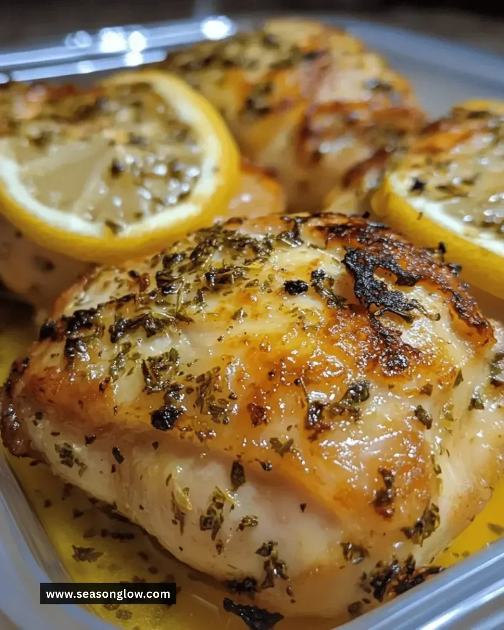 Juicy lemon herb chicken thighs garnished with fresh herbs on a plate