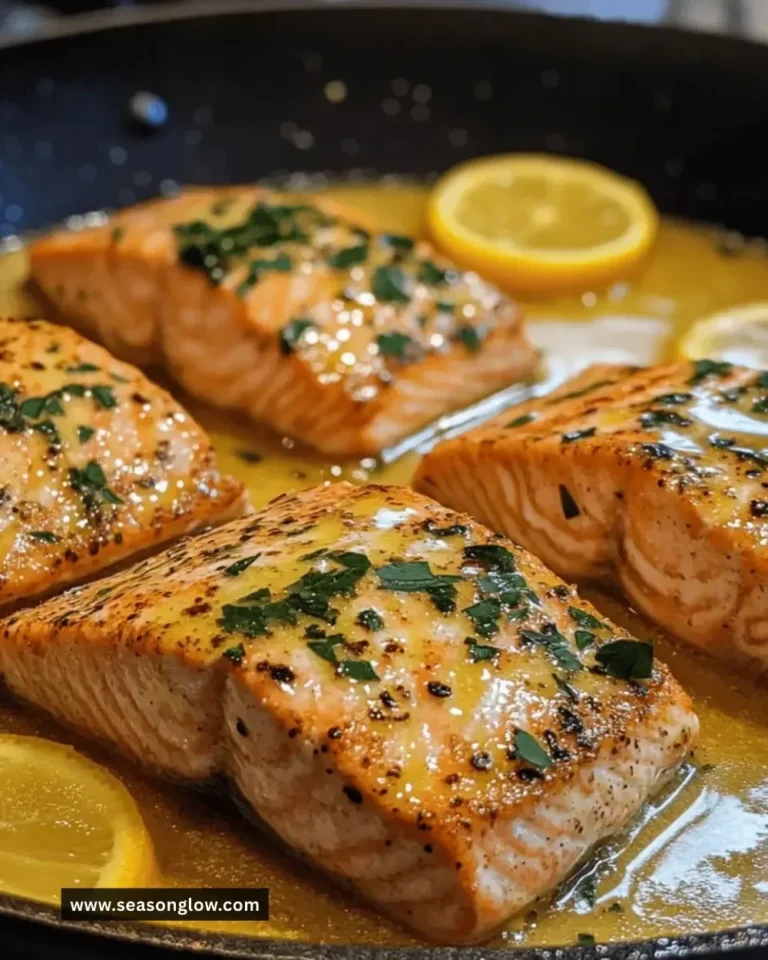 Easy lemon butter salmon skillet cooked in a pan with fresh herbs