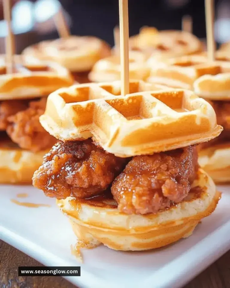 Mini chicken and waffle sliders served on a platter with maple syrup